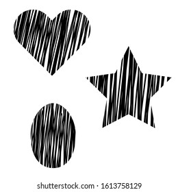 Set of striped black vector heart, star and egg