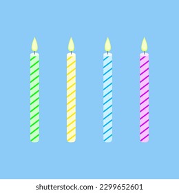 Set of striped candles in different colors. Wax candles for celebration. Decor for cake. Cartoon vector illustration. Flat graphic design