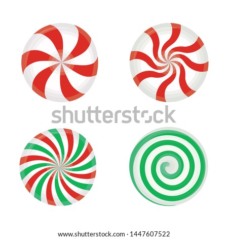 Set of striped candy without wrapper. Caramel, vector illustration isolated on white background. Design element for Christmas, New year, winter holiday, dessert, new year night, food, Sylvester, etc