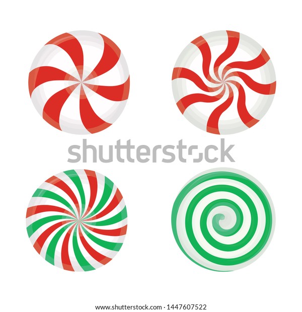 Set of striped candy without wrapper. Caramel, vector\
illustration isolated on white background. Design element for\
Christmas, New year, winter holiday, dessert, new year night, food,\
Sylvester, etc
