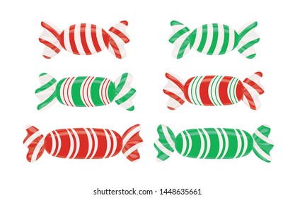 Set of striped candy wrappers. Caramel, Lollipop, vector illustration isolated on white. Graphic element for new year's card Christmas winter holiday new year's eve dessert meal. Vector illustration