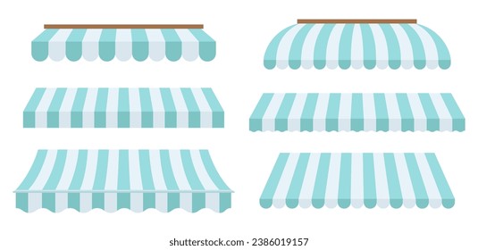 Set of striped canopies for stores, restaurants and cafes, market tents. Vector illustration