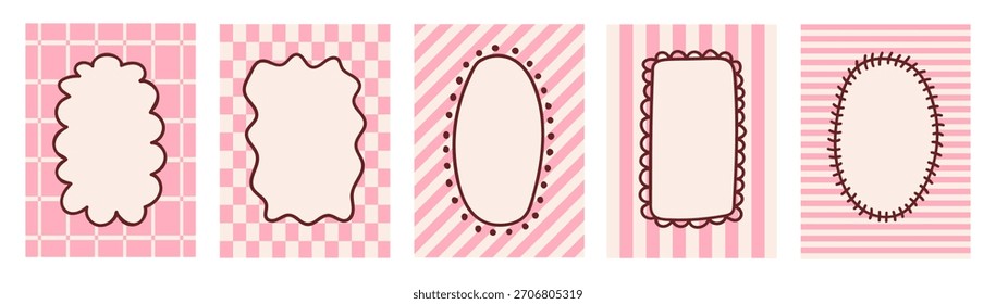 Conjunto de fondos de Vertical a cuadros a rayas con marcos. Coloridas rayas rectas y diagonales para tarjetas, carteles, fundas, Anuncios o marcas. Colores rosa y beige.