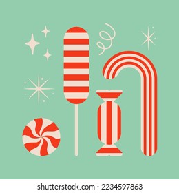 Set of striped Christmas candies. Snowflakes, sparkles and shines. Cute xmas concept. Christmas illustration.