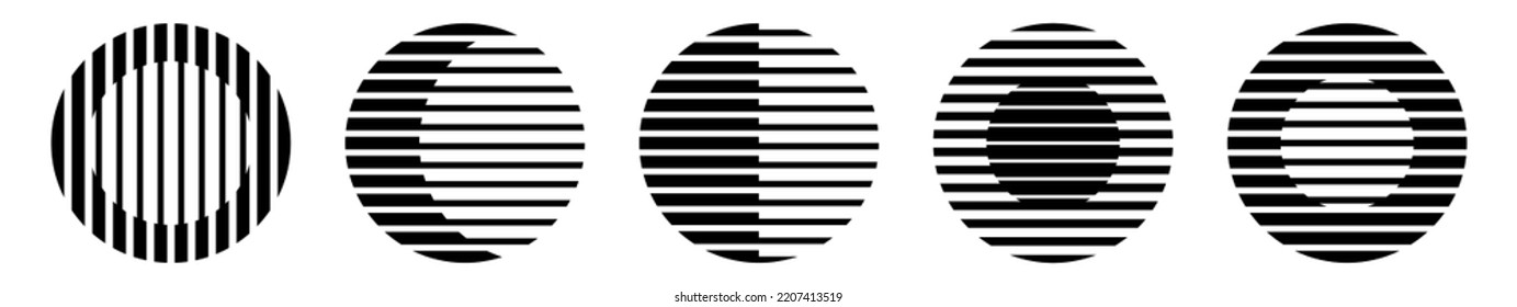 Set of striped circles. Geometric shapes set. Icons set. Isolated on white background.