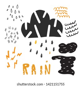 Set of striped clouds, raindrops, lightning, sea waves and puddles. The colors in the set are easy to change.