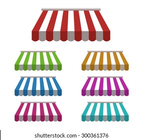 set of striped colorful awnings for shop. vector.