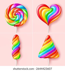 Conjunto de pirulitos coloridos listrados. cor do arco-íris doces diferentes formas em vara sobre fundo rosa. ilustração vetorial.