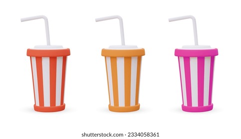 Set of striped cups for cold drinks. Opaque drinkware with straw and lid. Isolated images of different colors on white background. Vector illustration with shadows