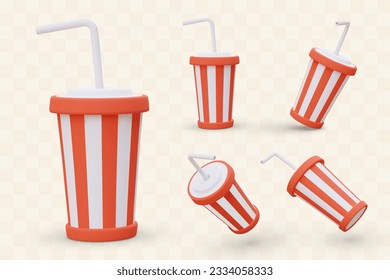 Set aus gestreiften Becher mit Strohhalmen, Liden. Geschirr für Getränke im Kino. Schnelles Essen, Papier, Limonade. Einwegbares Geschirr, Symbol für Unterhaltung und Entspannung. Farbvektorgrafik