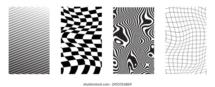 Set of striped, distorted checkered and curvy backgrounds. Psychedelic patterns with warped squares, straight wavy lines. Groovy posters in retro 60s 70s 80s 90s y2k style. Vector flat illustration.