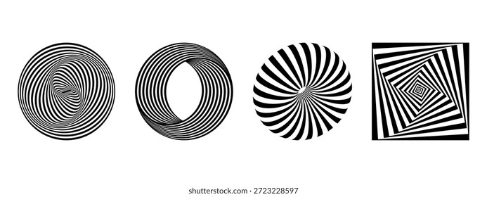 Conjunto de figuras listradas com efeito de ilusão ótica isolado no fundo branco. Formas de círculo, anel, toro e quadrado com textura de vórtice dinâmica. Ilustração gráfica vetorial mínima.