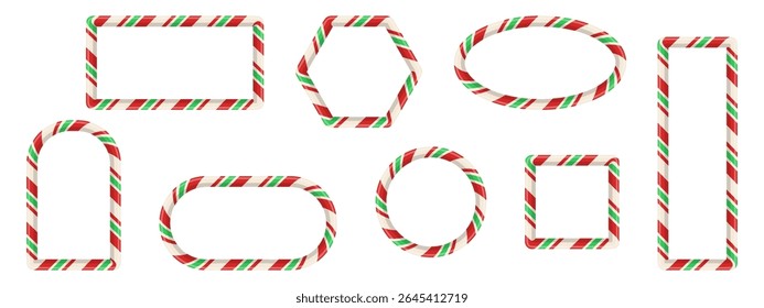 Set of striped frames with red, white, and green candy cane texture. Includes circular, square, and oval borders. Designed as decorative holiday elements for templates and cards. Vector illustration.