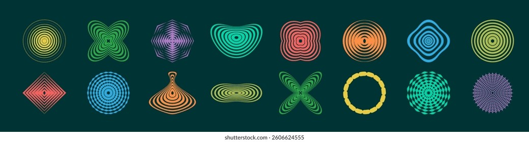 Set of striped geometric shapes, concentric circles, diamonds. Lines Design. Vector illustration. Equal periodic intervals.	