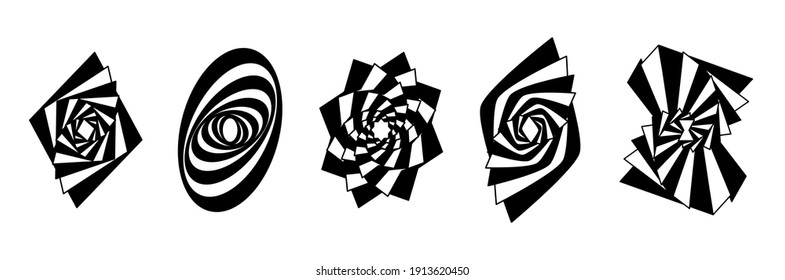 Set striped graphic shapes swirling in loop. Black and white shapes that create the illusion of movement. optical effect wave stripe movement. Vector abstract shapes. vortex with lines. 