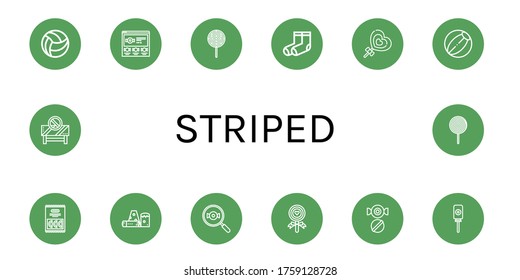 Set of striped icons. Such as Beach ball, Candy, Lollipop, Socks, Obstacle, Barrier , striped icons
