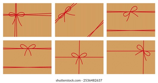 Set of striped kraft paper backgrounds, gift tied up with cotton red rope bakers twine ribbons and bow. Packing string for decoration, present, pastry boxes for New Year, Christmas. Vector EPS10