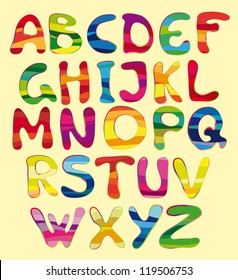 set of the striped letters on a yellow background, cheerful alphabet