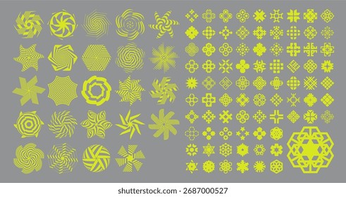 Conjunto de formas minimalistas listradas. Emblemas. Formas geométricas para o seu design. Ilustração para brochura, cartão, capa, cartaz, apresentação, folheto ou banner.