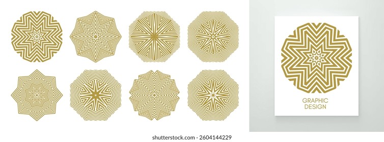 Set of striped minimalist shapes with optical illusion effect. Emblems or geometric shapes for your design. 3D illustration for brochure, card, cover, poster, presentation, flyer or banner.