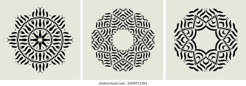 Set of striped minimalist shapes with optical illusion effect. Emblems or geometric shapes for your design. 3D illustration for brochure, card, cover, poster, presentation, flyer or banner.
