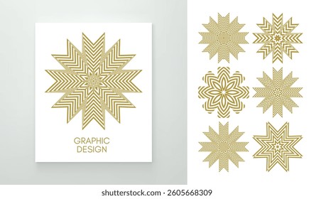 Set of striped minimalist shapes with optical illusion effect. Emblems or geometric shapes for your design. 3D illustration for brochure, card, cover, poster, presentation, flyer or banner.