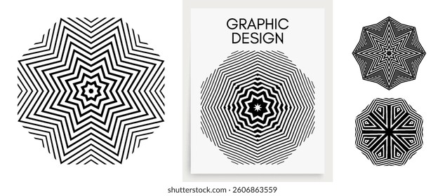 Set of striped minimalist shapes with optical illusion effect. Emblems or geometric shapes for your design. 3D illustration for brochure, card, cover, poster, presentation, flyer or banner.