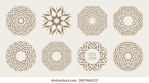 Set of striped minimalist shapes with optical illusion effect. Emblems or geometric shapes for your design. 3D illustration for brochure, card, cover, poster, presentation, flyer or banner.