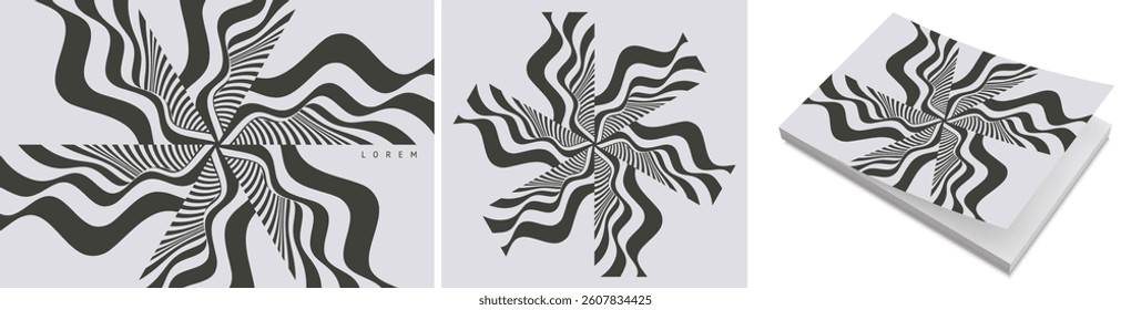 Set of striped minimalist shapes with optical illusion effect. Emblems or geometric shapes for your design. 3D illustration for brochure, card, cover, poster, presentation, flyer or banner.