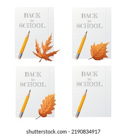 Set of striped notebook sheets with back to school text, pencil and different autumn leaves. Vector illustration. Education concept