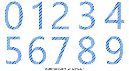 Set of striped numbers isolated on white. Alphabet with numbers. Vector graphic elements for design. Lines. Blue color	