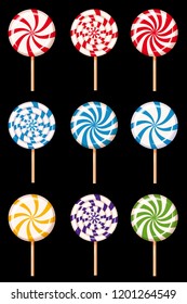 Set striped peppermint candies, caramel, vector. Cartoon style, isolated