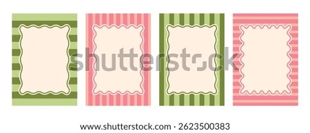 Set of striped pink and green backgrounds with frame, text field. Scalloped wavy frame on pink, green background. Horizontal template for text fields, invitations, advertisements, labels.