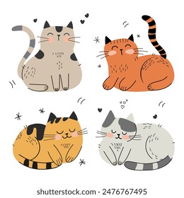 Set of Сute striped red and gray cats.  Hand drawn vector illustration. Funny pet characters card template. Isolated on white.