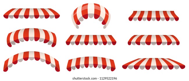 A set of striped red white awnings, canopies for the store. Awning for the cafes and street restaurants. Vector illustration isolated on white background. Isolated