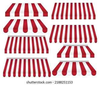 A set of striped red and white awnings.Canopy or roof for store or market.Tent of shop.Cafe sunshade.Circus concept.Realistic vector illustration isolated.3d mockup or template.Shopping concept.