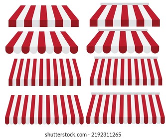 A set of striped red and white awnings.Canopy or roof for store or market.Tent of shop.Cafe sunshade.Circus concept.Cartoon vector illustration isolated.Mockup or template.Shopping concept.