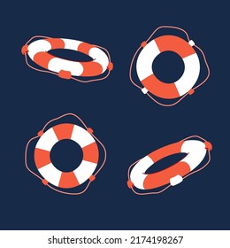 Set of Striped Red and White Lifebuoys With Rope Around, Vector Icon. Flat Cartoon Illustration, Clipart.