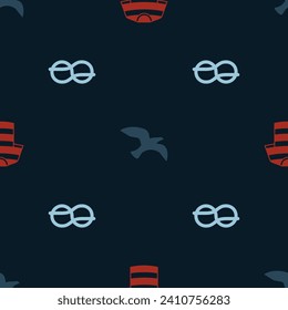 Set Striped sailor t-shirt, Bird seagull and Nautical rope knots on seamless pattern. Vector