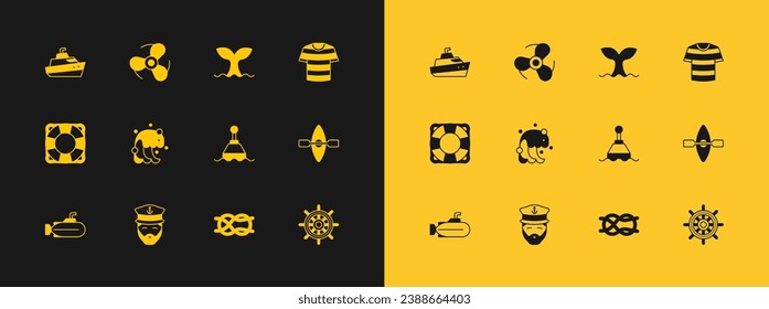 Set Striped sailor t-shirt, Captain of ship, Floating buoy, Nautical rope knots, Tsunami, Whale tail, Speedboat and Boat propeller icon. Vector
