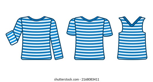 Set of striped sailor t-shirt isolated on white background. Sea striped shirt with long, short sleeves and sleeveless in light white blue colors. Sea travel element. Marine object. Vector illustration