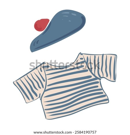 Set of striped sailor t-shirt isolated on white background. Sea striped shirt with long, short sleeves and sleeveless in light white blue colors. Sea travel element. Marine object. Vector illustration