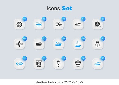 Set Striped sailor t-shirt, Jet ski, Captain hat, Kayak and paddle, Inflatable boat with motor, Yacht sailboat, Compass and Cargo ship icon. Vector