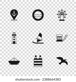 Set Striped sailor t-shirt, Marine bollard with rope, Bird seagull, Windsurfing, Ship steering wheel, Location anchor, porthole and Lighthouse icon. Vector