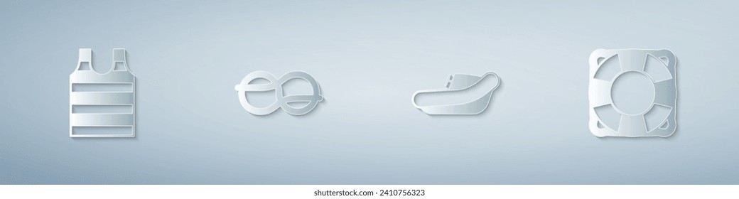 Set Striped sailor t-shirt, Nautical rope knots, Inflatable boat with motor and Lifebuoy. Paper art style. Vector