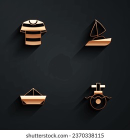 Set Striped sailor t-shirt, Yacht sailboat, Folded paper and Submarine icon with long shadow. Vector