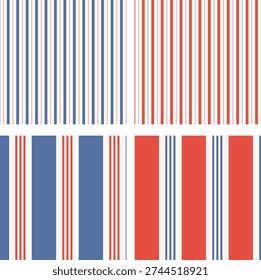 Set of striped seamless pattern in blue and red colors on white background for fabric and textile design