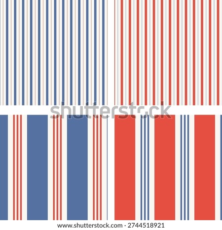 Set of striped seamless pattern in blue and red colors on white background for fabric and textile design