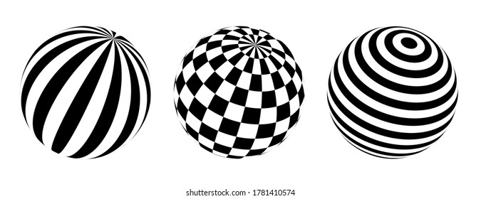 Set of striped spheres. Balls whith black and white lines. Vector optical illusion.