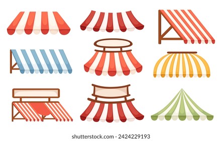 Set of striped sun shade awning shelter for store cafe or market vector illustration isolated on white background